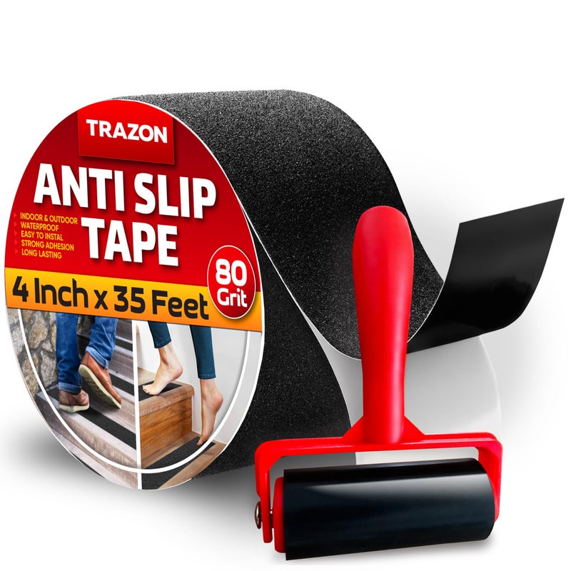Trazon Grip Tape - Heavy Duty Anti Slip Tape for Stairs Outdoor/Indoor Waterproof 4Inch x 35Ft Safety Non Skid Roll for Stair Steps Ramp Traction Tread Staircases Grips Adhesive Non Slip Strips Walk Black - Image 1